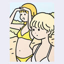 Cartoon illustration of two women in bikinis on a beach, they both look into the distance.