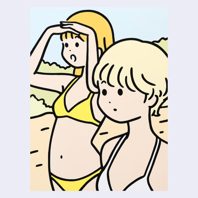 Cartoon illustration of two women in bikinis on a beach, they both look into the distance.