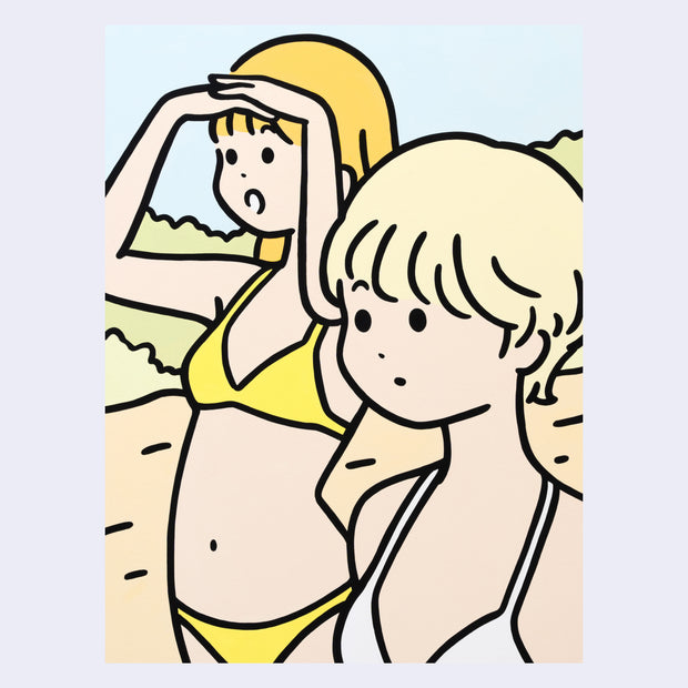 Cartoon illustration of two women in bikinis on a beach, they both look into the distance.
