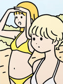 Cartoon illustration of two women in bikinis on a beach, they both look into the distance.