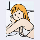 Illustration of a woman sitting in a bed with white sheets. She props her head up in her hand and smiles.