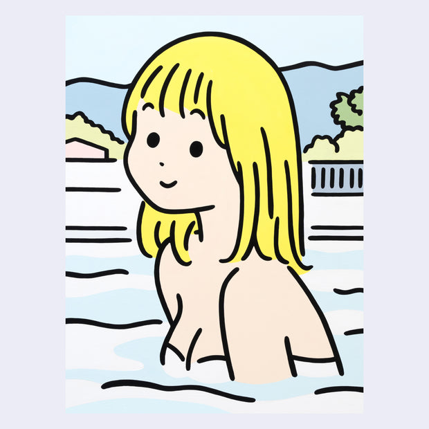 Cartoon illustration of a person with blonde hair sitting in water, with a scenic background.