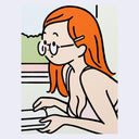 Illustration of a girl with red hair, leaning over and reading a book with glasses on.