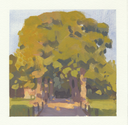 A square watercolor painting of a park scene with a large yellow-green tree, a path, and a pale blue sky, shown with a white border.