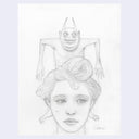 Pencil drawing of a person with a small figure on their head against a light purple background