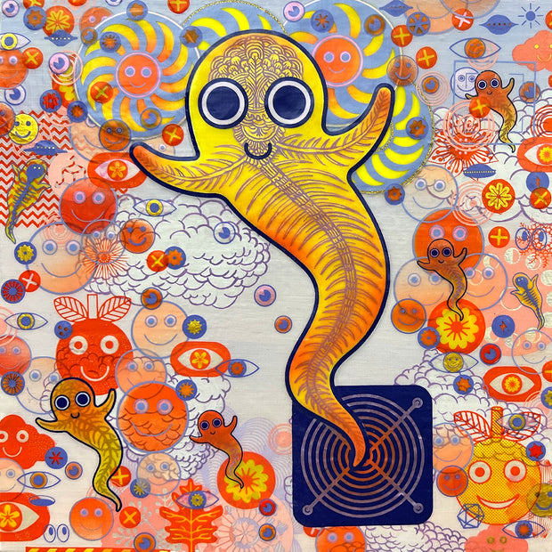 Collage style painting of a cartoon yellow ghost with a friendly smile. Its nervous system is visible through its skin and it comes out of a fan or drain. Background is made of many smile faces and emojis like stickers.