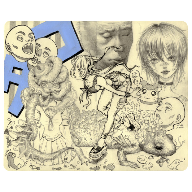 Graphite sketch of multiple different subjects on cream colored paper. Subjects include various faces, a salamander with mushrooms on its back, and an anime style girl learning forward as if about to run.