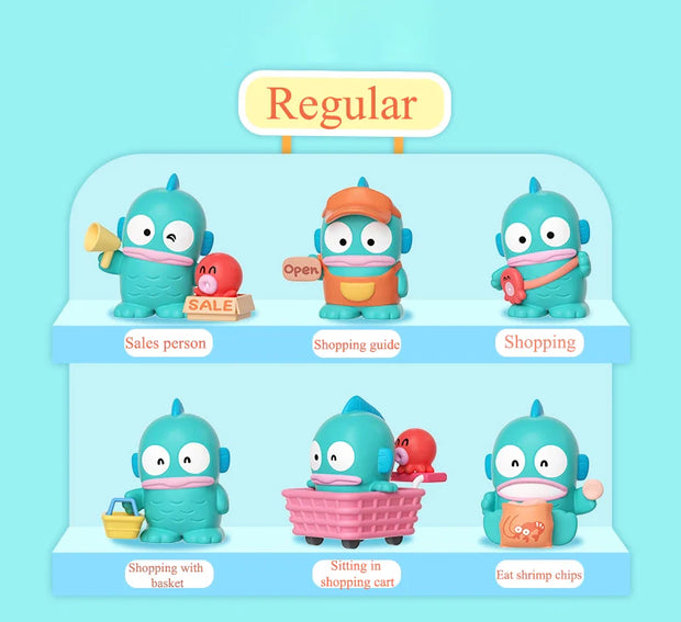 Set of six teal figurines with various accessories on a display stand against a light blue background.