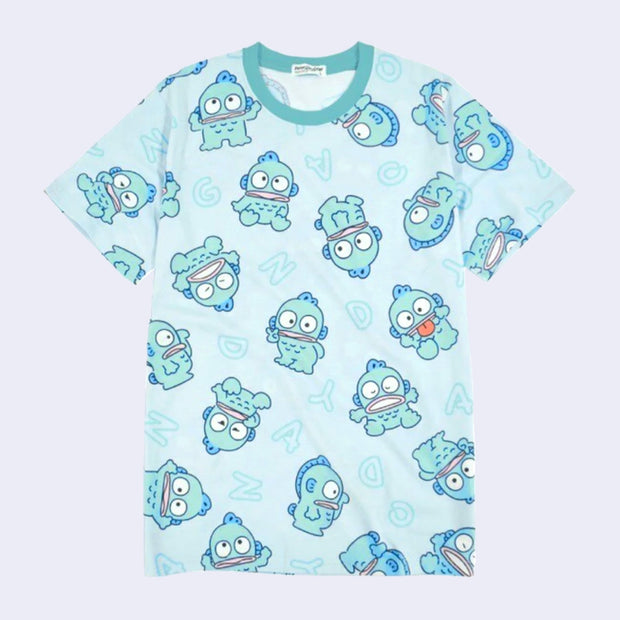 Light blue colored short sleeved t-shirt with a repeating pattern of Hangyodon in slightly different poses and a subtle "Hangyodon" text pattern behind it.