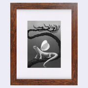 Finely rendered graphite illustration of a small gecko on a a braided thin tree branch, that branches off further behind it. Atop the gecko's back is a white moth. Piece is in a dark wood frame with a white mat.