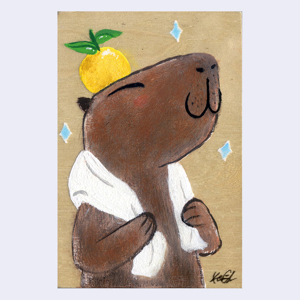 Painting of a cute cartoon capybara, with a yuzu atop its head. It has a towel wrapped around its shoulders, like its fresh out of the bath.