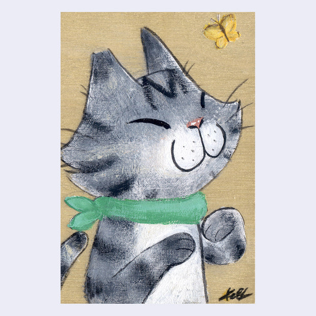 Painting of a gray cartoon cat with a closed eyes smiling expression. A yellow butterfly flies overhead.