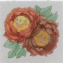 Ink and watercolor illustration on grey toned paper of 2 red chysanthemum flowers with yellow centers that have faces. They are like comedy and tragedy, with one smiling and looking up and the other crying and looking down.