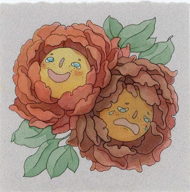 Ink and watercolor illustration on grey toned paper of 2 red chysanthemum flowers with yellow centers that have faces. They are like comedy and tragedy, with one smiling and looking up and the other crying and looking down.