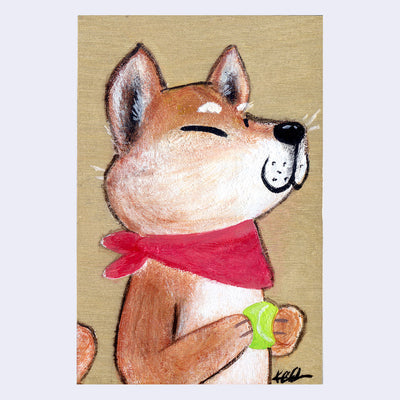 Painting of a cute cartoon shiba inu dog, smiling with closed eyes and holding a tennis ball in its hands. It has a red bandana wrapped around its neck.