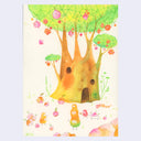 Gouache painting on cream colored paper of a large tree with a door cut out of it and small round windows. In front of it are small round characters and geometric shaped fruits.