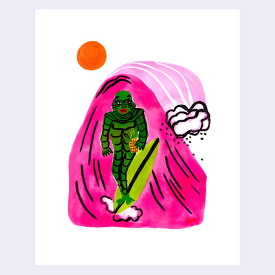 Illustration of the Creature from the Black Lagoon riding a surfboard on a pink wave.