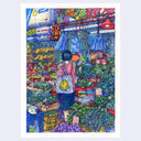 A colorful watercolor illustration depicting a bustling market scene with a person seen from behind carrying a white shopping bag with a yellow smiley face, surrounded by produce, hanging bags, and market stalls. 