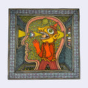 Illustration made with many lines, giving it the feel of a folk art woodcut on a square wood panel of a person wearing an orange goblin costume, with a yellow beam coming from its eye. The person is within a large head, faced to the left and within a room.