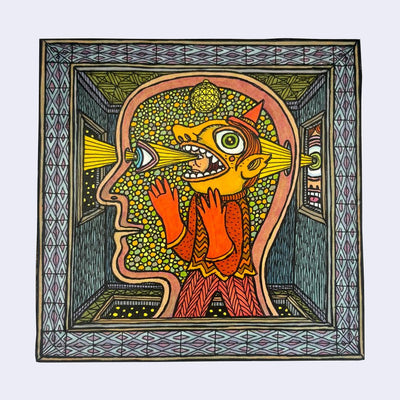 Illustration made with many lines, giving it the feel of a folk art woodcut on a square wood panel of a person wearing an orange goblin costume, with a yellow beam coming from its eye. The person is within a large head, faced to the left and within a room.