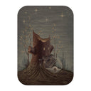 Dark colored painting of a wooden stump with a glass vessel at the bottom of it, with a floating eyeball in the vessel. 