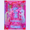Neon pink and purple painting of an interior hallway with a statue and stained glass windows reflecting a blue light onto the ground. 4 demon like animals stand on platforms on the edge of the room.