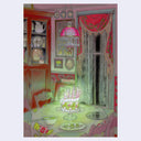 Painting of an interior dining room with very dark, moody lighting - mostly reds and dark purples with bright green light sources. On the table sits a lit birthday cake, with no one around.