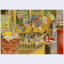 Colorful still life of a kitchen cabinet, filled to the brim and overflowing with various magician's items - potions, scrolls, bottles, and herbs.