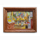 Colorful still life of a kitchen cabinet, filled to the brim and overflowing with various magician's items - potions, scrolls, bottles, and herbs. Framed.