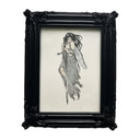 Ornate black frame with an illustration on cream paper of a fairy with long, black hair and a tattered gray dress, holding a longsword.
