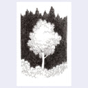 A black and white hand-drawn ink illustration of a single tree with grass in the foreground, centered on a white rectangular print against a light gray background.