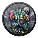Colorful, abstract creature with large eyes on a circular background