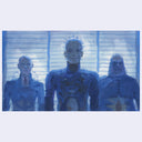Three figures in futuristic, metallic suits with a blue tint against a windowed wall.