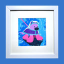 A framed painting featuring a stylized cartoon dog wearing pink boots and a clear rain poncho against a blue rainy background, presented in a white frame with a white mat on a solid blue background.