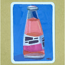A square artwork featuring a stylized painted bottle with pink and orange liquid, a white label with black markings, and a blue background, shown against a tan textured backdrop.