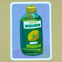 A colorful hand-painted illustration of a green medicine bottle with a yellow cap, set against a light purple background, displayed on a textured brown kraft paper surface.