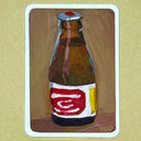 A painting depicting a brown glass bottle with a red and white label, shown on a tan textured background. The artwork has a white border and the artist's signature 'MELO' in the bottom right corner.