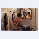 Highly rendered painting based on a film still from Cruising, of a man standing shirtless in a mirror wearing ass-less chaps. A man fully dressed stands behind him, leaning on a wall.
