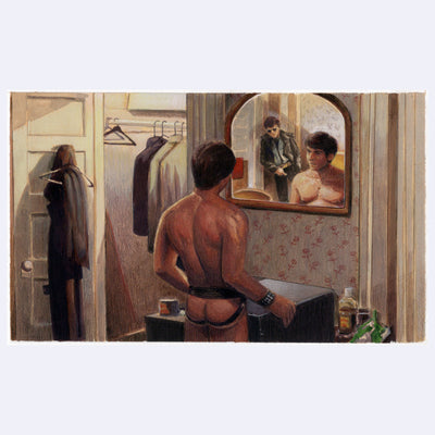 Highly rendered painting based on a film still from Cruising, of a man standing shirtless in a mirror wearing ass-less chaps. A man fully dressed stands behind him, leaning on a wall.