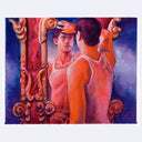 Painting based on a film still from Pink Narcissus of a man standing in purple and pink lighting, staring at himself in the mirror while wearing a white tank top.