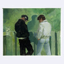 Painting based on a film still from Pink Narcissus of 2 men standing at 2 urinals, next to one another and facing each other slightly.