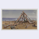 A watercolor painting of a beach scene with a large log structure or teepee-like stack on sandy shore, with ocean and sky in muted blue-gray tones.