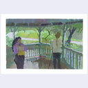 An impressionistic painting of two people standing on a porch with green trees and grass visible outside, shown within a white border on a light gray background.