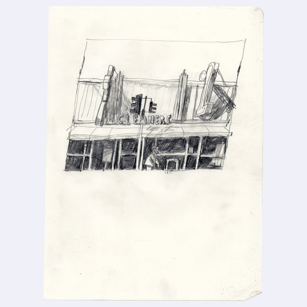 Stylistically messy graphite drawing of a Cleaners, with its sign hanging above the awning of its building.