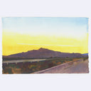 Watercolor landscape painting of a mountain range under a bright yellow and blue sky, with a road in the foreground, shown on a light gray background.