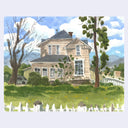 Watercolor painting of a vintage two-story house with a white picket fence, green lawn, trees, and blue sky with clouds.