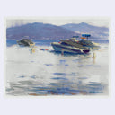 A watercolor painting of boats on a calm lake with mountains in the background, signed by the artist in the lower right corner.