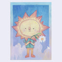 Illustration of a sun character holding a flower against a blue sky background