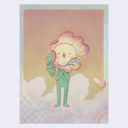 Illustration of a flower-like character holding a flower against a soft, pastel background. The wind blows them.