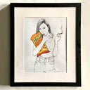 Drawing on white paper of a girl standing and holding a bag of Flaming Hot Cheetos in her arms. She sucks on a cheeto dust covered thumb and holds a joint in the other hand.